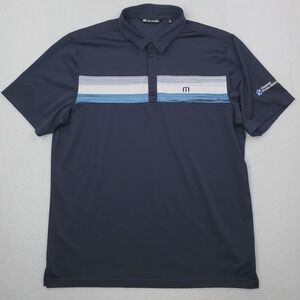 Travis Mathew Polo Shirt Mens XL Blue Striped Golf Performance Stretch Logo